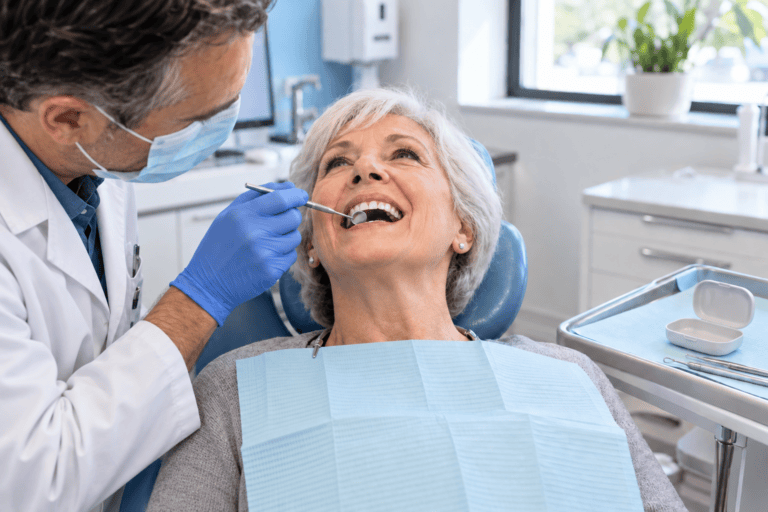 Dentist checks the fit of an older patient’s dentures during a comfortable dental evaluation.